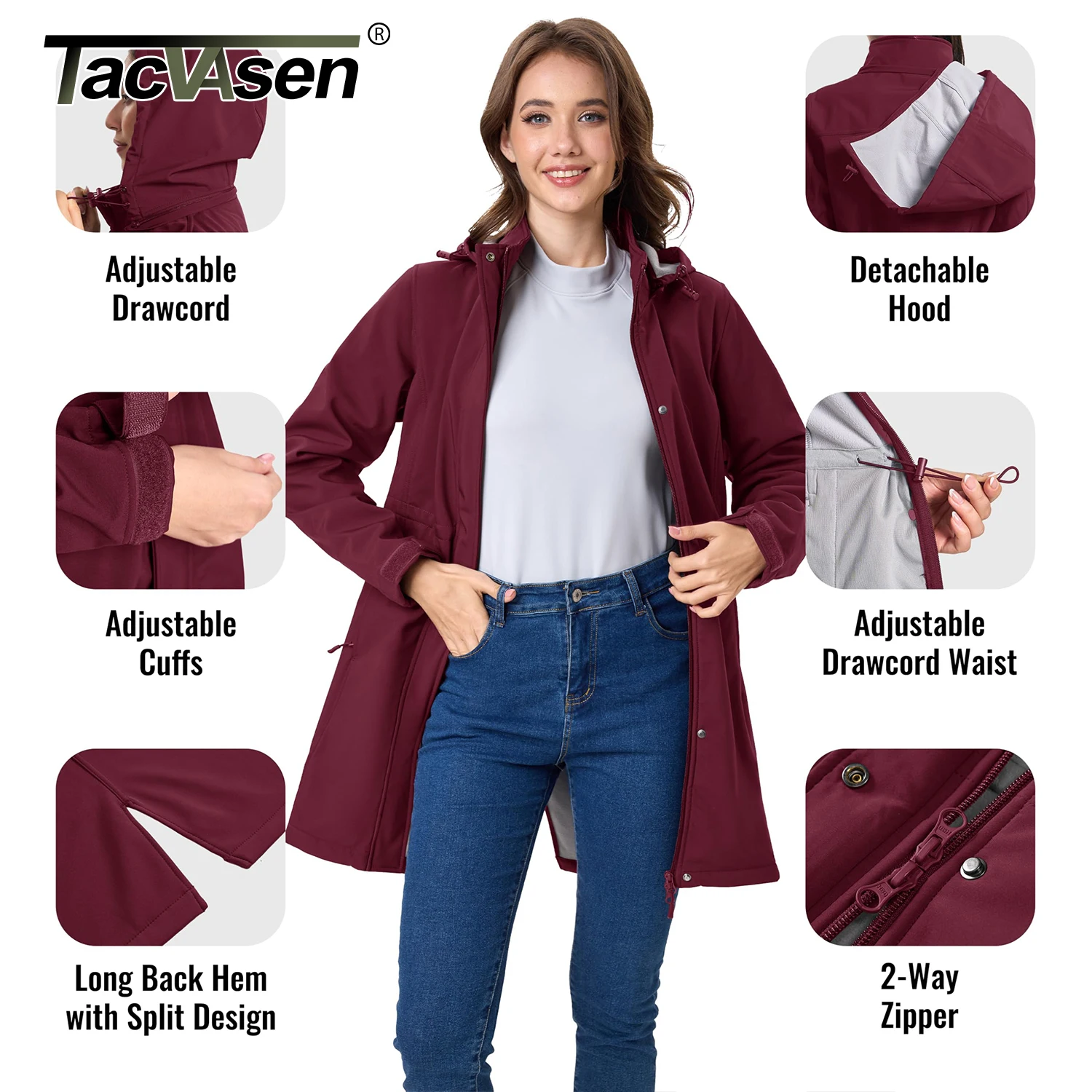 TACVASEN سترات طويلة مبطنة بالصوف للنساء سترات شتوية دافئة سترات ناعمة مقاومة للرياح معطف مطر بقلنسوة سترة واقية خارجية سترة واقية