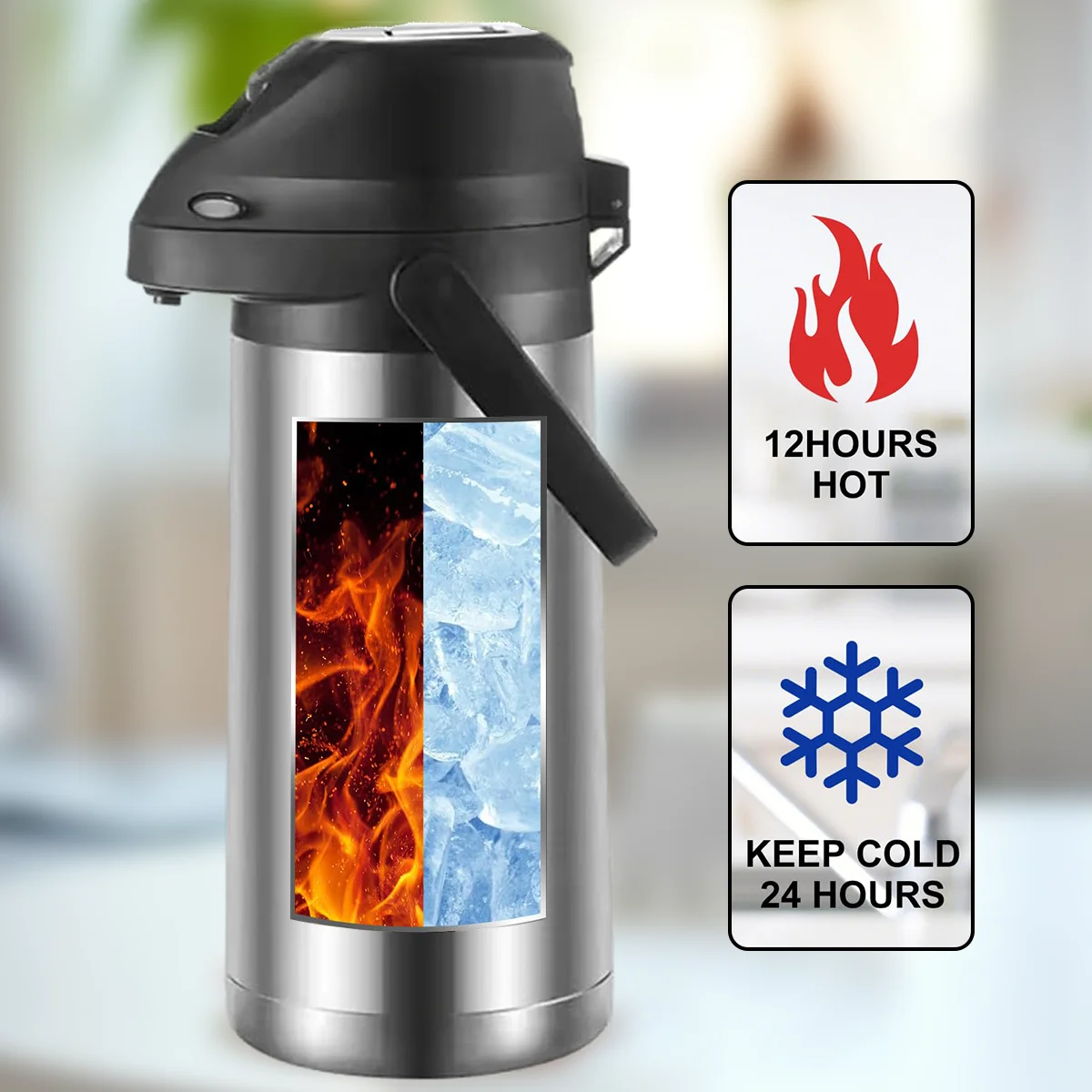 Leeseph Coffee Carafe with Pump, 1.9/4L Insulated Stainless Steel Large Airpot Coffee Carafe Lever Action for Hot/Cold Water