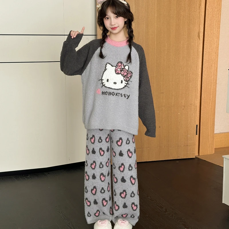 

Girl Hello Kittys Child Pajamas Suit Autumn Winter New Coral Fleece Lounge Clothes Kawaii Children's Clothing Coat for Kids