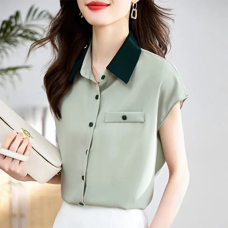 

Новые свободные повседневные топы с коротким рукавом, офисная женская блузка, элегантная универсальная рубашка с лацканами и пуговицами, женская одежда, лето 2023 г.