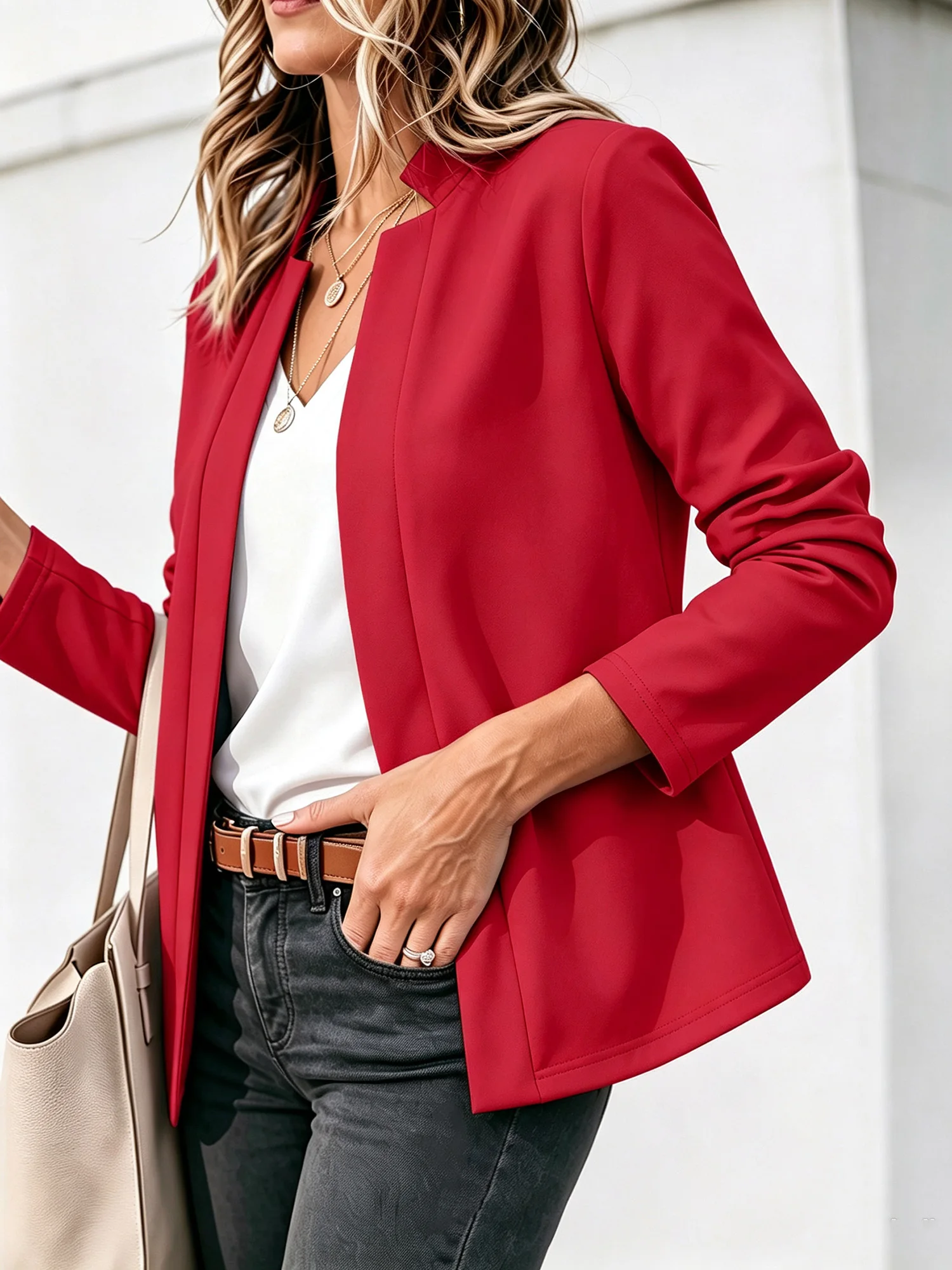 Ladies Solid Color No Closure Blazer Stand Collar Long Sleeve Soft Fabric Office Commuter Jacket