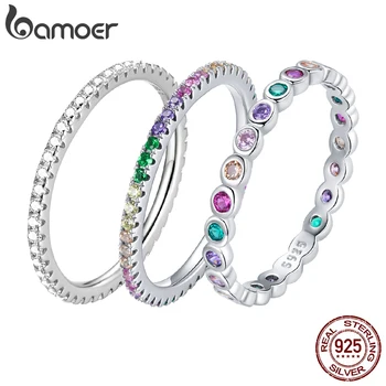 BAMOER-Anillo de Plata de Ley 925 con circonita cúbica para mujer, sortija con zirconia, circonita, zirconita, diseño de arco iris, deslumbrante, SCR714