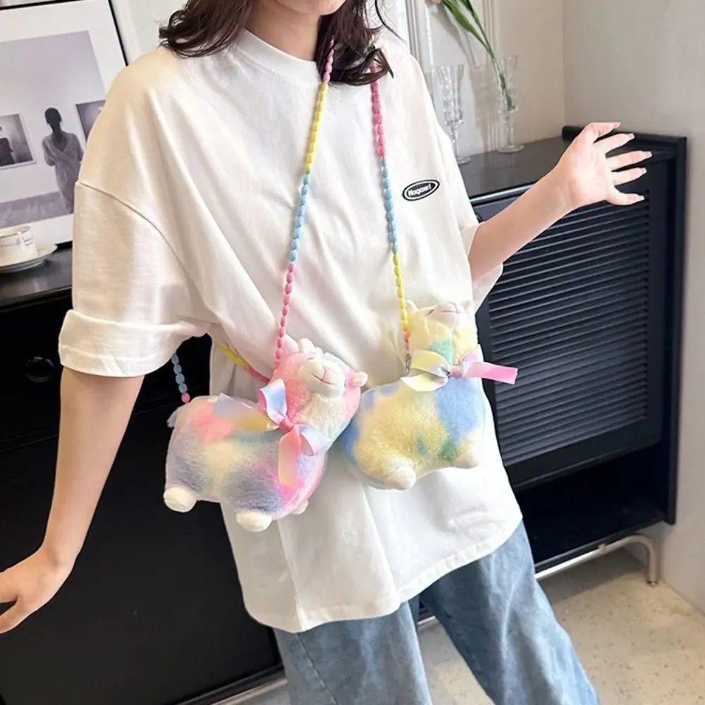 Doll Alpaca Crossbody Bag Cute Phone Bag Bead Plush Shoulder Bag Handbag Storage Bag Cartoon Shoulder Bag Ladies