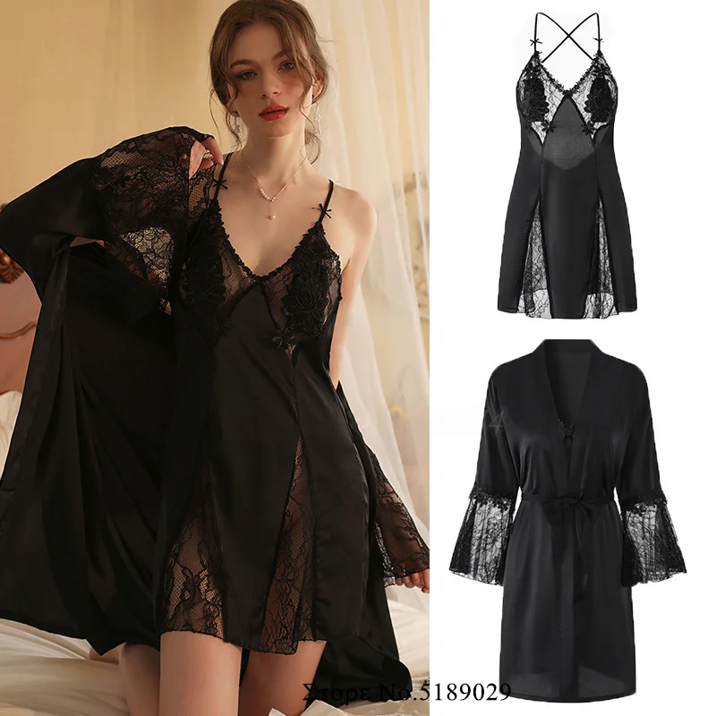 

Embroider Flower Lace Robe Set Sexy Robe Suit Silk Satin Loungewear Kimono Bathrobe Gown Nightgown Loose Sleepwear Lingerie