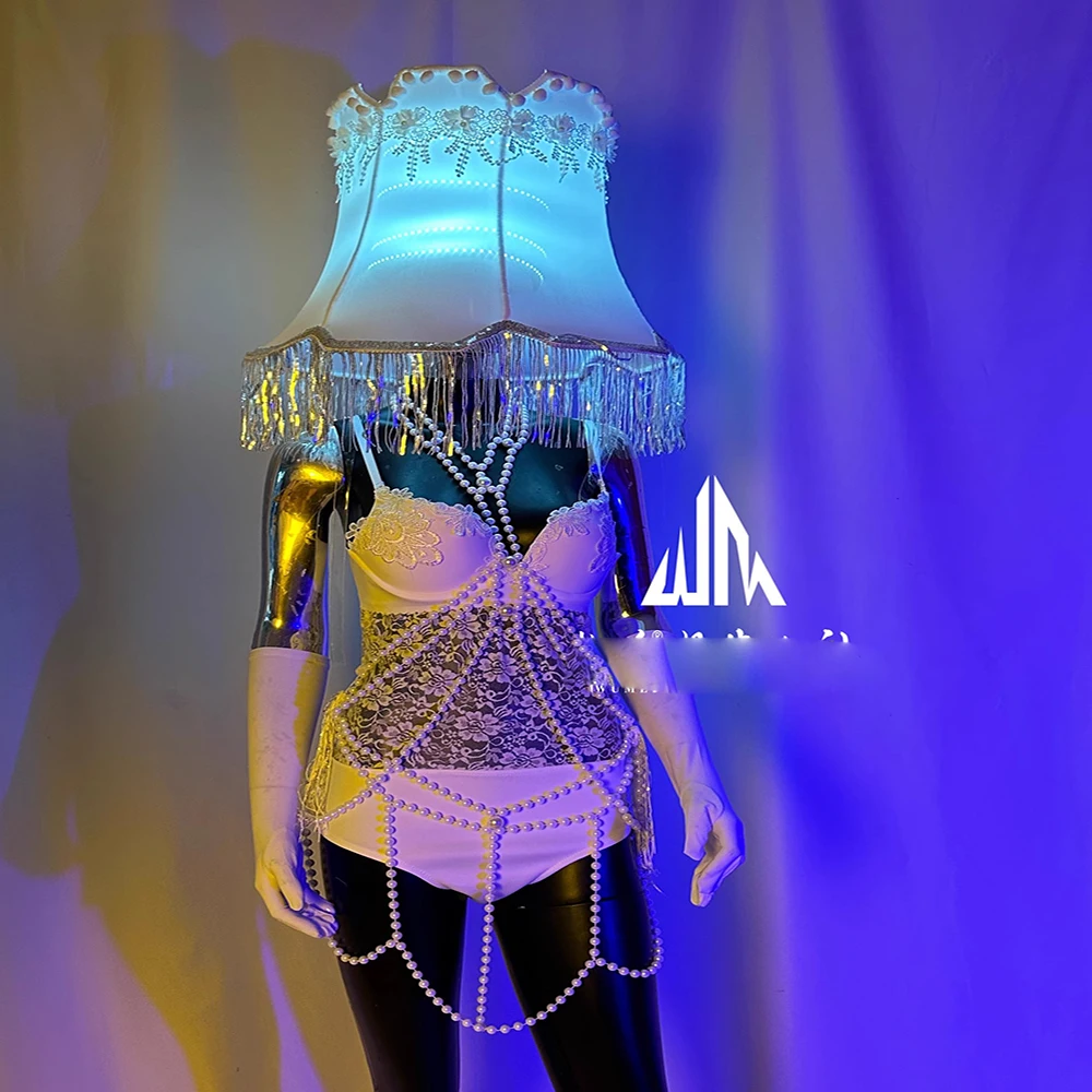 LED Lamp Headgear Stage performance costumes nightclub bar  gogo show sexy lace pearl outfit