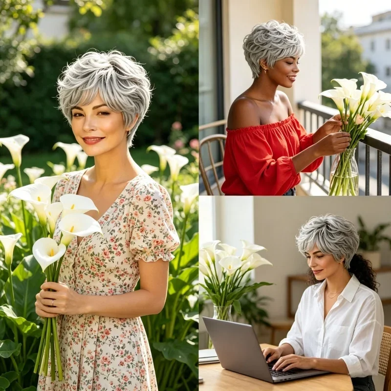 ショートグレーオンブレカーリー合成ヘアコスチュームパーティーウィッグ女性用2026ショートナチュラルウィッグ前髪付きソフトママヘアデイリーユース