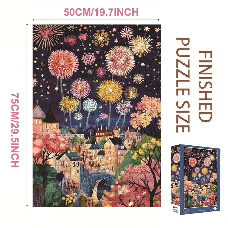 Large 1100-Piece Jigsaw Puzzle: Firework Happy Town, Extra-Thick 2.2mm Velvet Finish, Large 75x50cm (29.5x19.7 Inches)