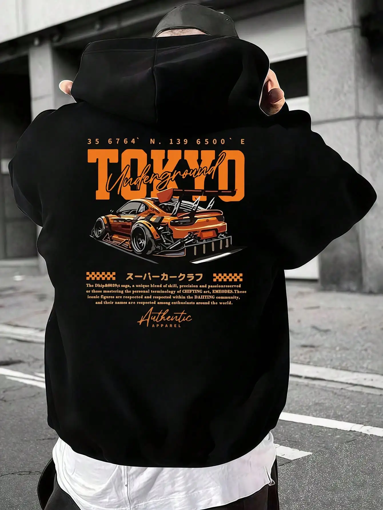 

Men's Casual Street Racer & Slogan Print Drop - Shoulder Loose Pocket Drawstring Parka, Autumn and Winter