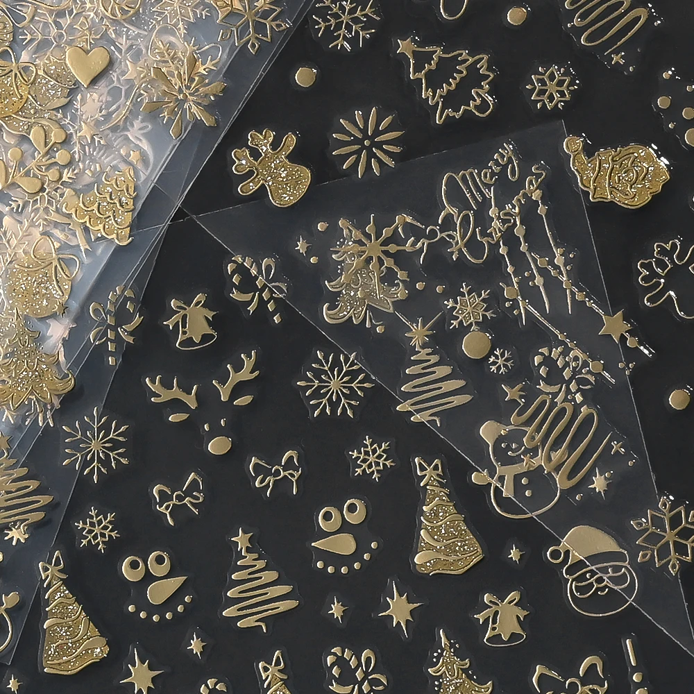 1pcs 5D Sparkling Gold Christmas Sticker for Nails Decoration Chrome Snowflakes Santa Decals Christmas Festive Manicure Supplies