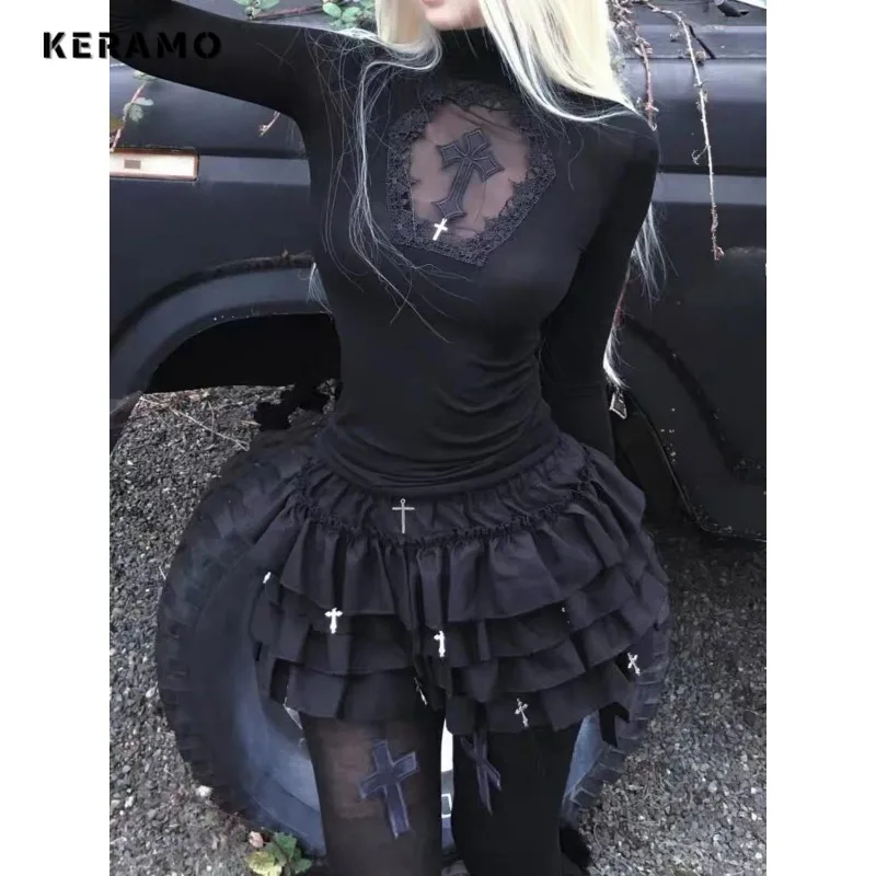 

High Neck Black Gothic Tees Cross Hollow Slimming Bottom Knitted Shirt Women Halloween Long Sleeve Sexy Y2k T-shirt Women Tops