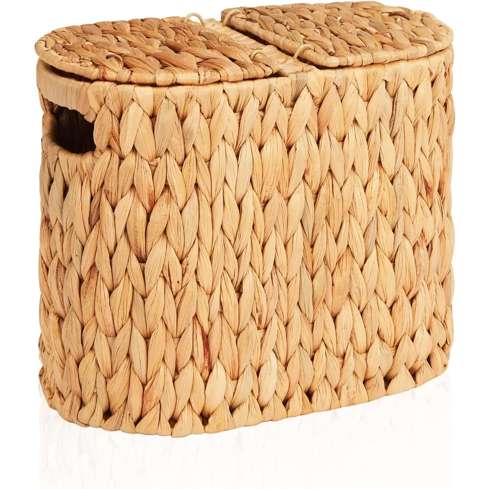 

Natural Wicker Toilet Paper Storage Basket with Lid and Handles, 4-Roll Capacity, Handwoven Holder for Toilet Paper