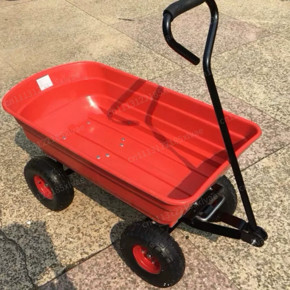 Foldable Four Wheel Hand Cart Dump Trolley Portable Flatbed Trailer Household Agricultural Cargo Handling Transport Wheelbarrow