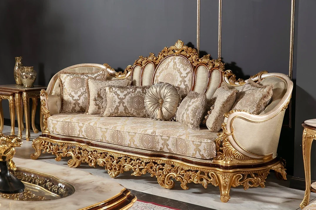Luxury Midcentury Modern Mahogany Wood Royal Sofa Set Fabric Upholstery Hand Carved Eco-Friendly Durable Living Room Furniture