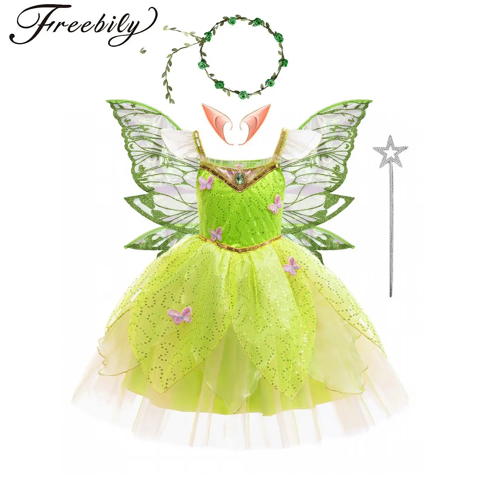 

Girls Green Fancy Dress Fairy Princess Cosplay Costume Flying Sleeve Chest Rhinestone Sequin Mesh Puffy Skirt Christmas Birthday