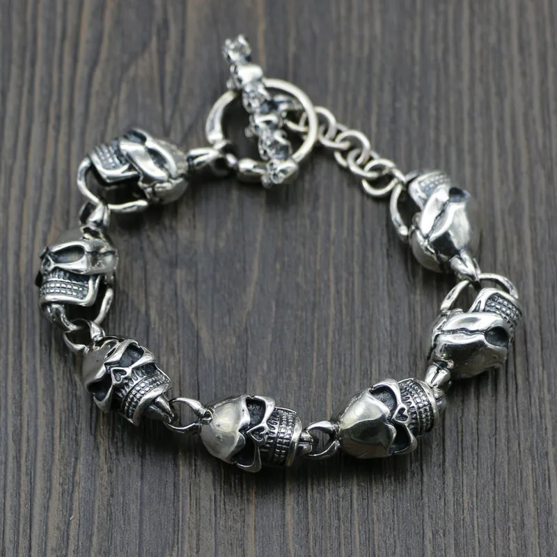 

S925 sterling silver domineering punk skull bracelet fashionable Thai silver exaggerated large bracelet trendy men's personalize