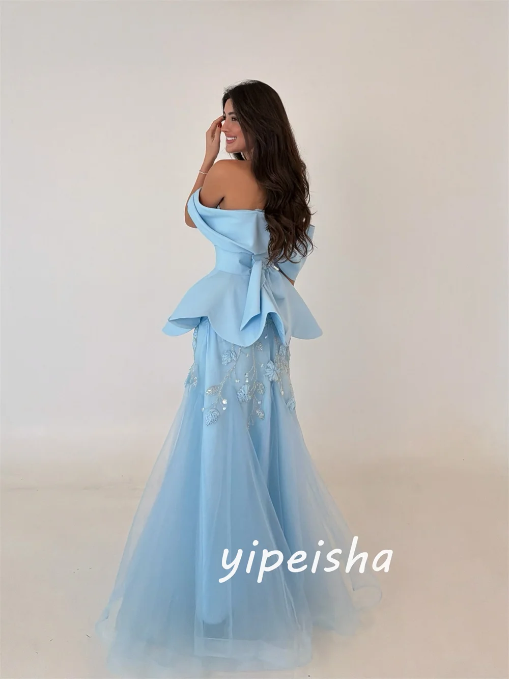 

Customized Sky Blue Jersey Pleat Handmade Flower Beading Sequined Mermaid Ruched Off-the-shoulder Floor-Length for Woman