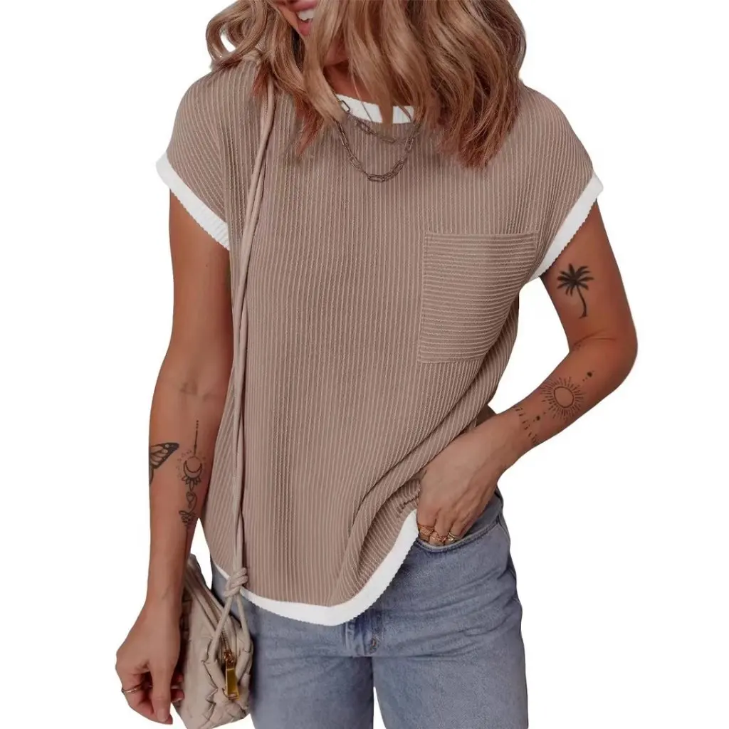 

Women's Short-Sleeved T-shirt Basic Rib Knitted Casual Top Spring Summer
