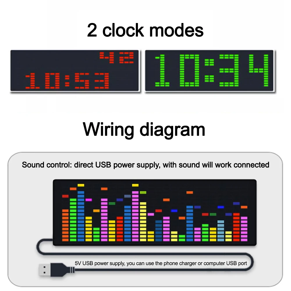 Indicateur de niveau audio LED VU central de voiture activé par la voix, affichage de musique, lumière RVB, horloge électronique, lampe de compteur