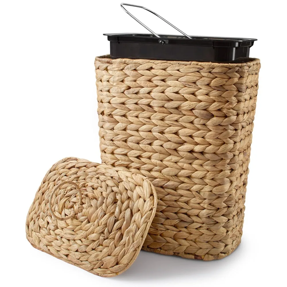 

4 Gallon Wicker Trash Can with Lid, Iron Frame, Removable Liner - Natural Boho Style for Bathroom