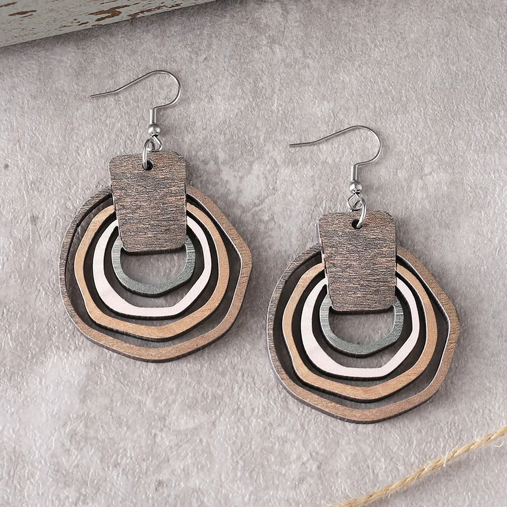 New Bohemian Ring Three Dimensional Leopard Pattern Gradient Hollow Pendant Earrings Wooden Double sided Earrings Gift