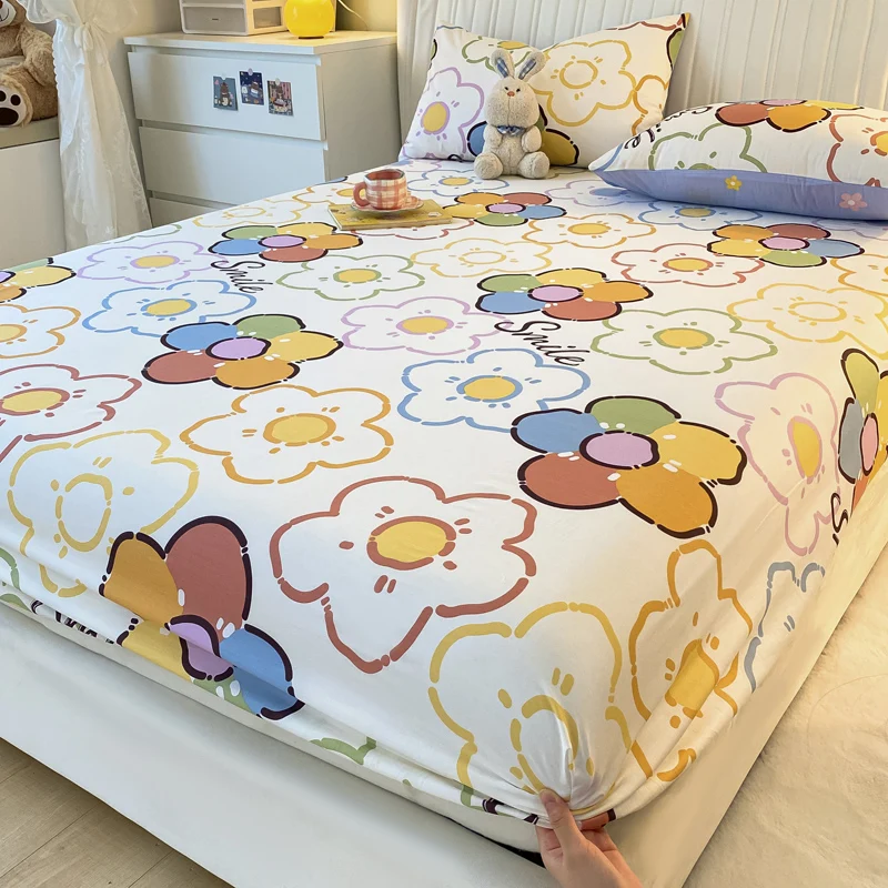 1pcs Cartoon 100% Pure Cotton Bed Sheet， Fitted Sheet With Elastic Band Bedding Kid Girl Queen Size Bed Mattress Cover Bedsheet