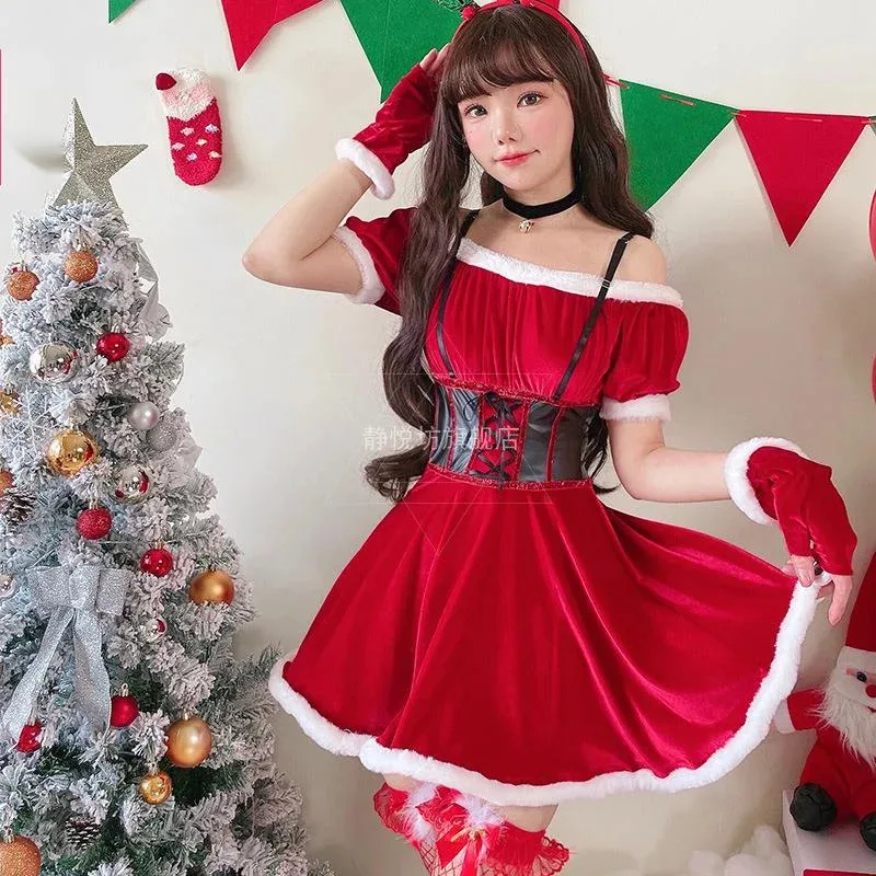 

New Christmas dress Red sexy white furred dress Christmas dress Adult New Year nightclub bar party dress up dress