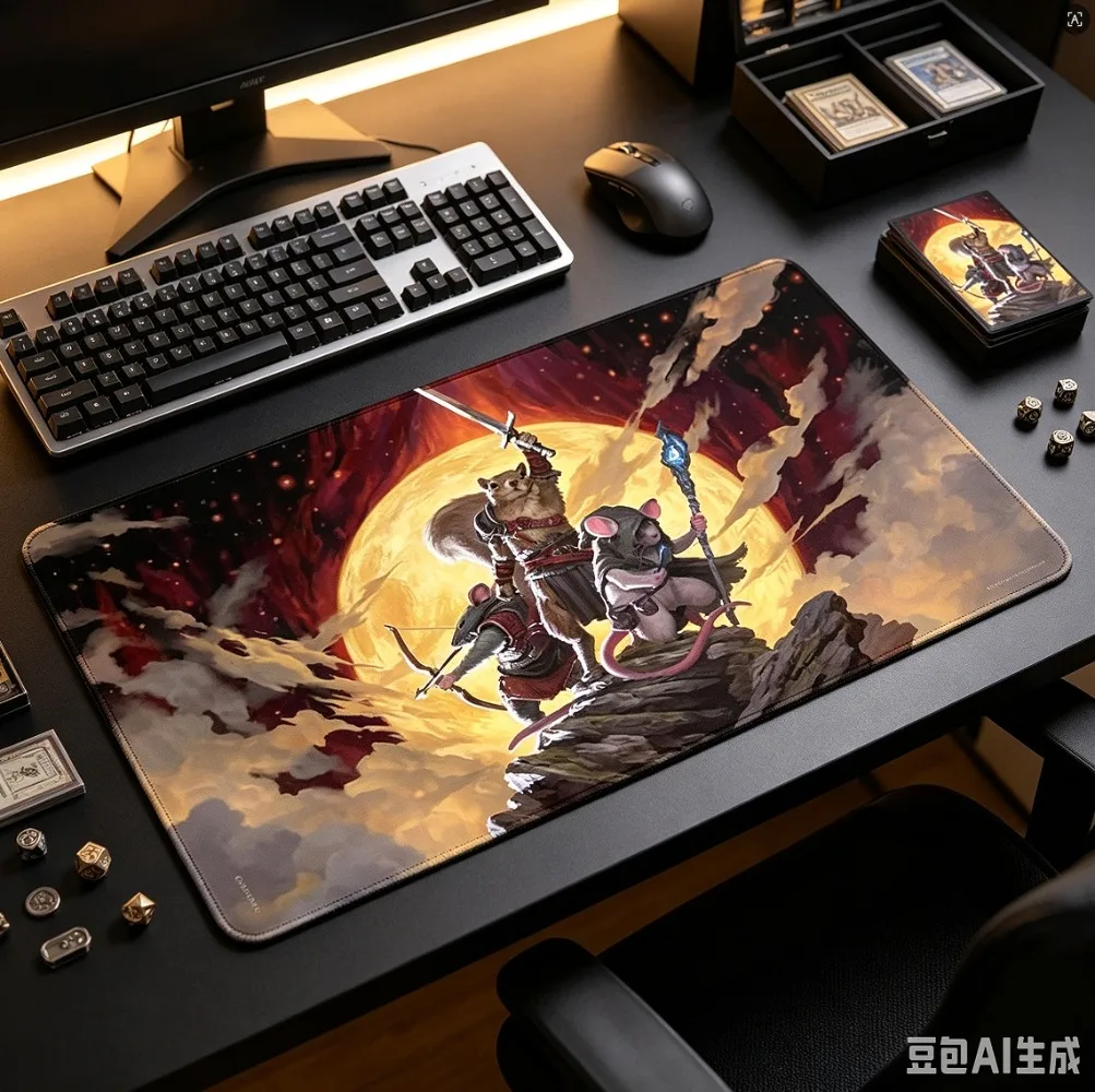 Fantasy Squirrel Mouse Warrior Playmat Large Table Mat Card Game Desk Mat, Non-Slip Rubber Trading Card Game Mouse Pad