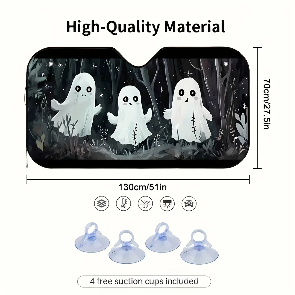 1pc Halloween Ghost Print Car Sunshade – Spooky Forest Design With Friendly Ghosts, Keeps Your Vehicle Cool, Includes 4 Suction