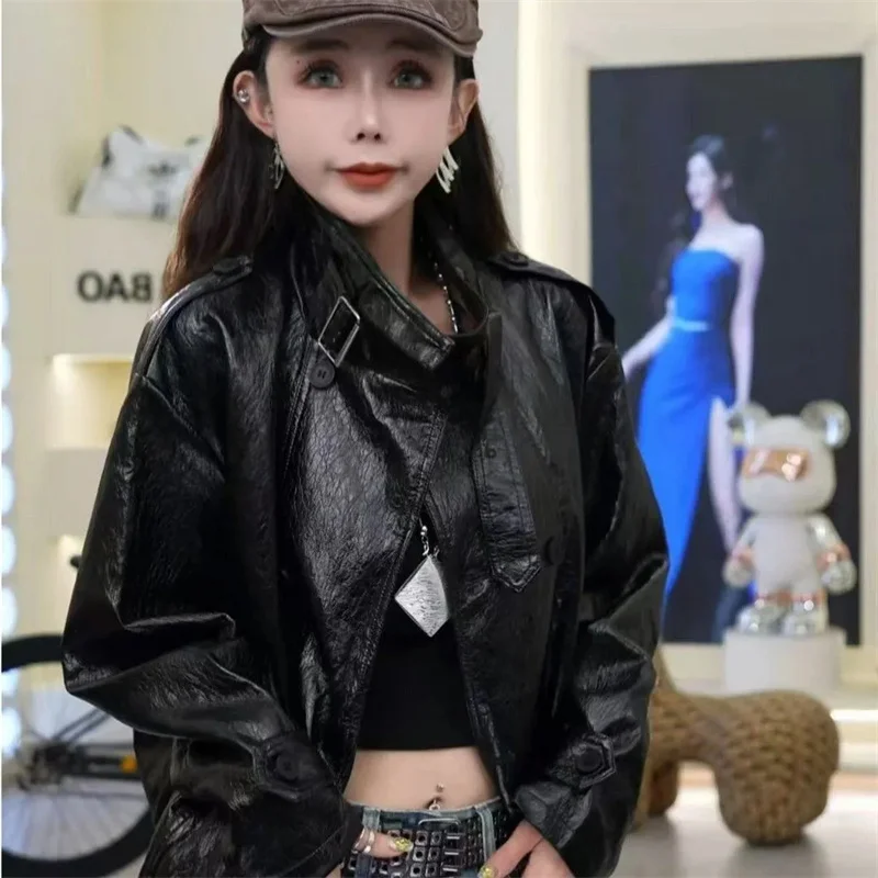 High end standing collar locomotive heavy industry oil wax PU protein leather coathigh waist design spring autumn jacket Female
