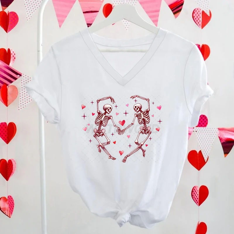 Valentine's Day Dancing Skeletons TShirt Funny Gift for Her Together for Eternity Classic Tops Skull Valentines V-neck T-shirts