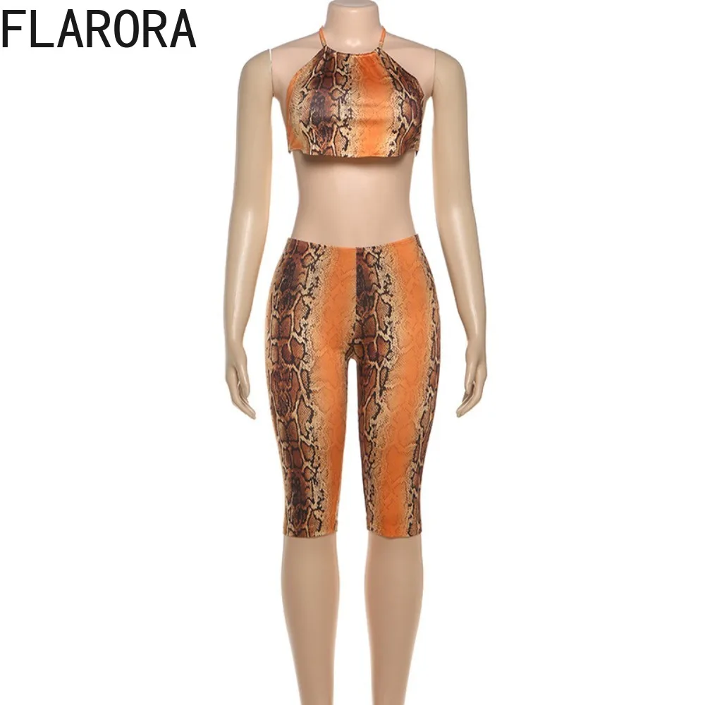 FLARORA مثير اعوج طباعة قطعتين مجموعات امرأة الرسن عارية الذراعين تانك القمم و نحيل السراويل وتتسابق منتصف الليل نادي الحفلات