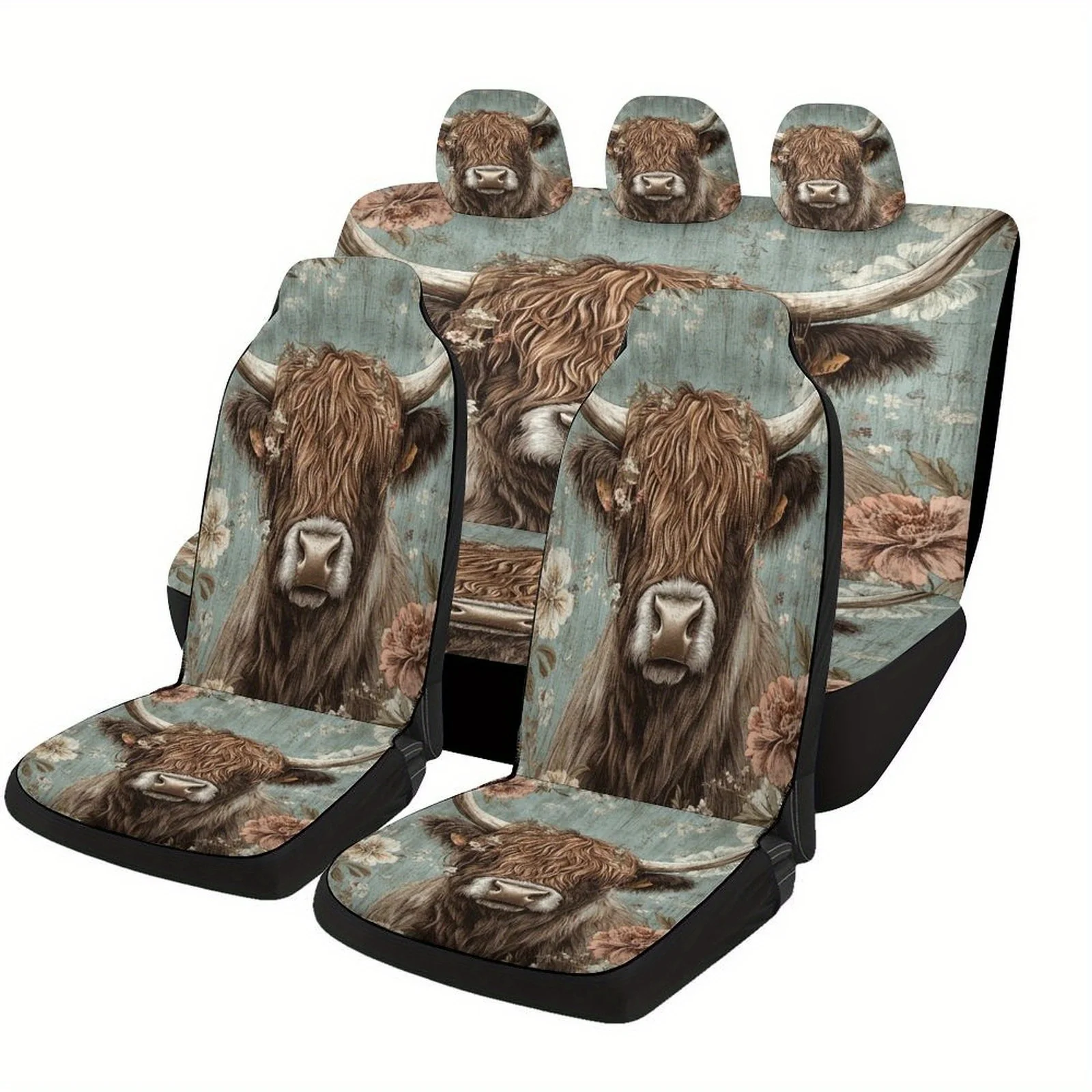 Highland Cow Designed Car Seat Cover Set For Most Cars, Fashionable Novelty Car Seat Protector Covers Full Set, Universal Car Se