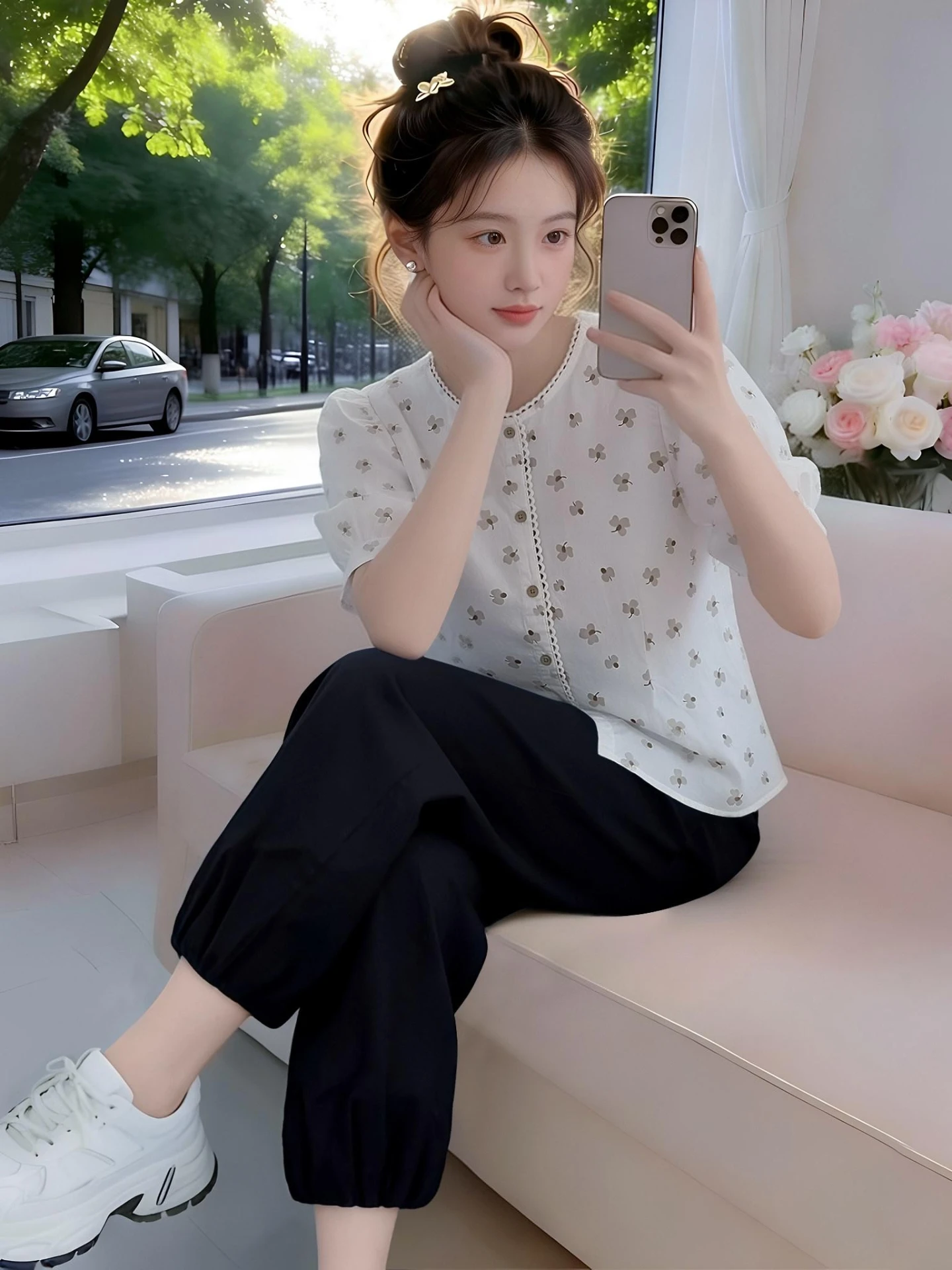 

Korean Gentle Style Floral Print Short Sleeve Shirt And High Waist Casual Pants Women's Summer Fashion Set Age Reduction Trend