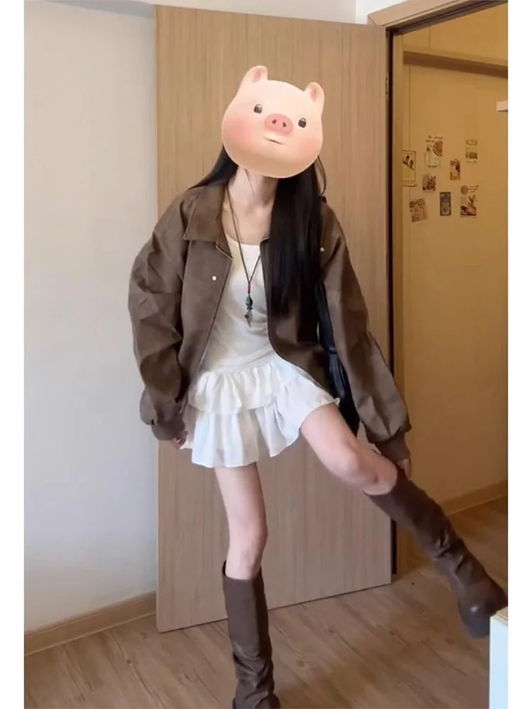 Browan Leather Jaet Women's Loose Fit American Sle Spring Autumn New Faion PU Leather Coat Upper Body Trendy