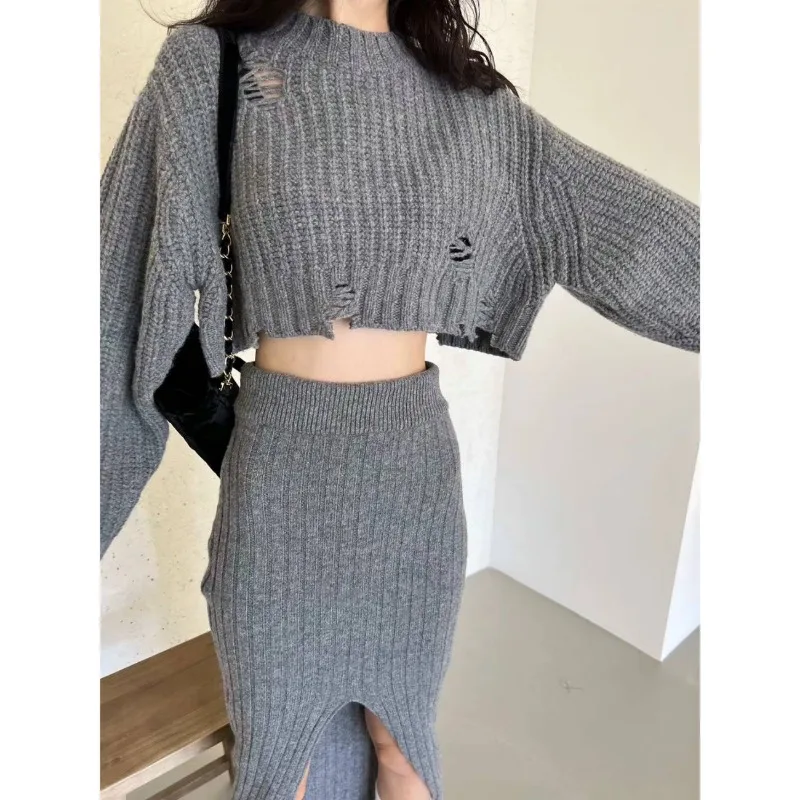 Women Ripped Knit 2 Piece Set Cropped Sweater and High Waist Split Midi Skirt Autumn