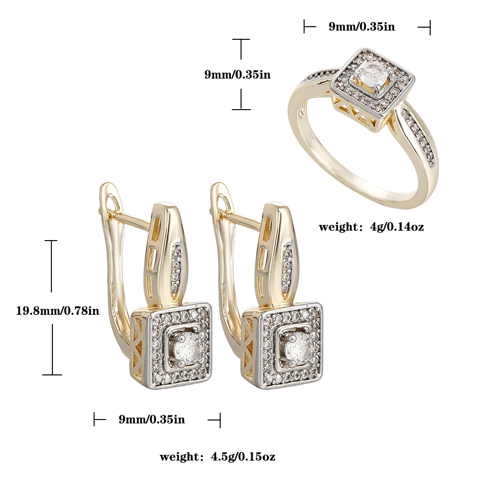 Quadratisches, doppellagiges Zirkon-Vintage-Ohrringe- und Ring-Set, kupferbeschichtet mit 14K Gold, modischer Schmuck für Bankette und Partys, luxuriöse Accessoires. – Detail 1