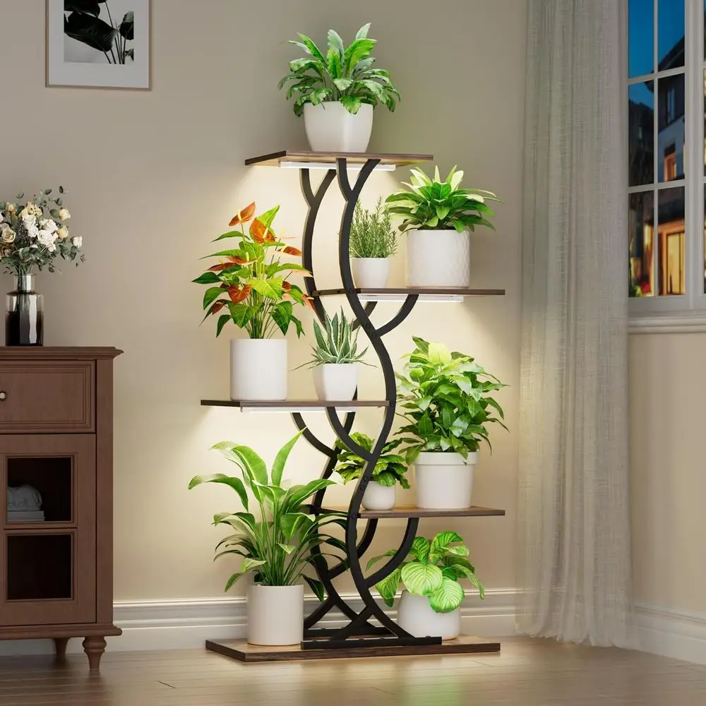 

Stand Indoor with Grow Lights - 44 Tall Plant Stands or Indoor , 5 Tiered Metal Shel, Curved Holder Disp