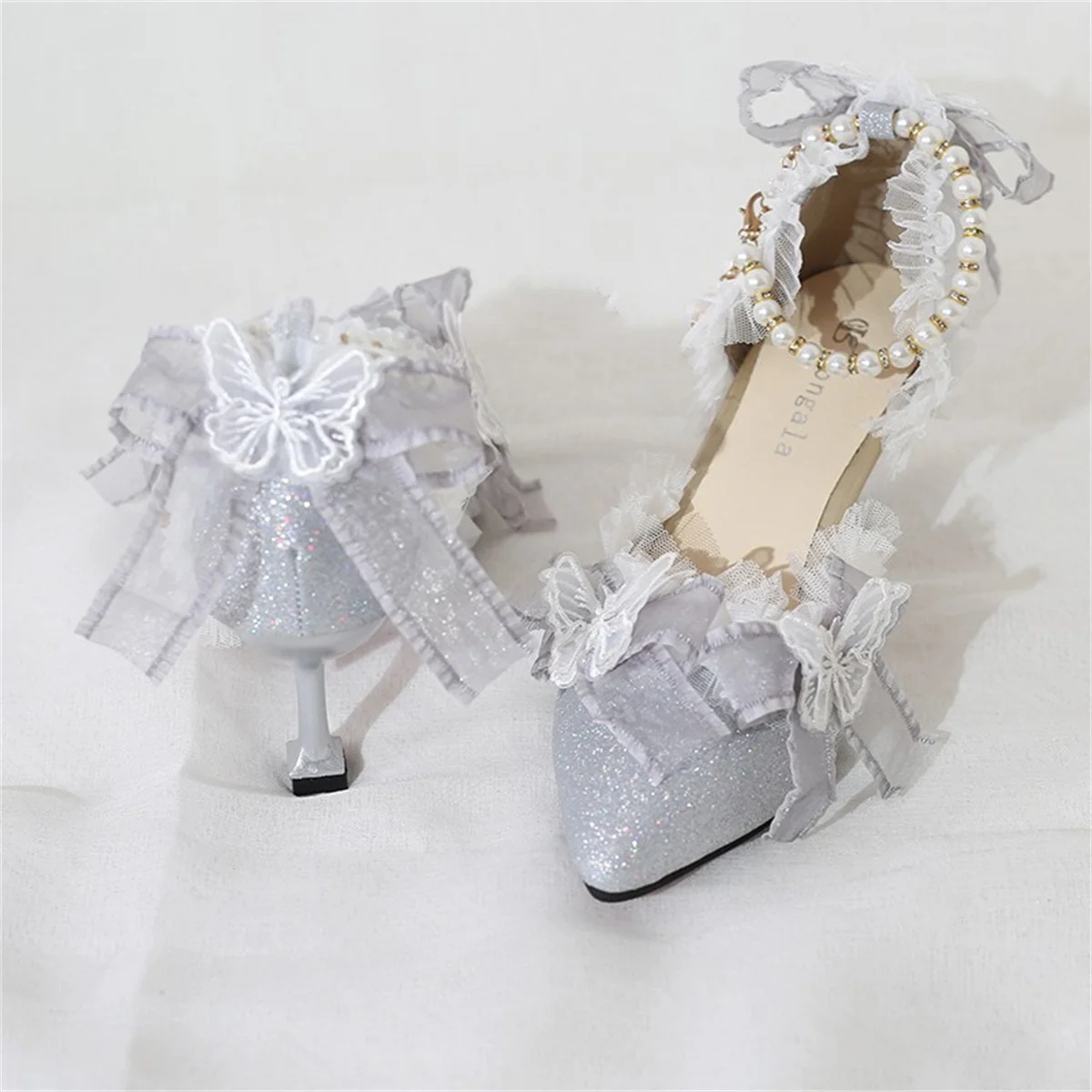 Elegant Flower Wedding Lolita Cosplay Retro Style Sweet Girl Shoes Pointed Ribbon Butterfly Lace Pearl 7cm High Heels Shoes