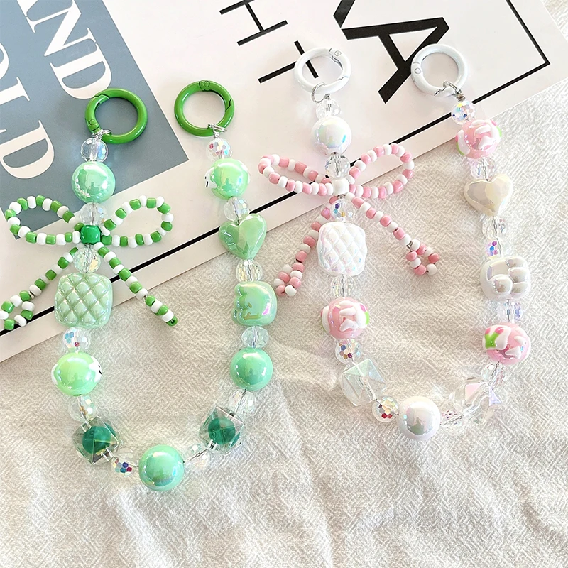 Rice Beads Bowknot Mobile Phone Lanyard Anti-Lost Phone Chain Pendant Keychain Earphone Camera Chain Bag Hand Chain Decor