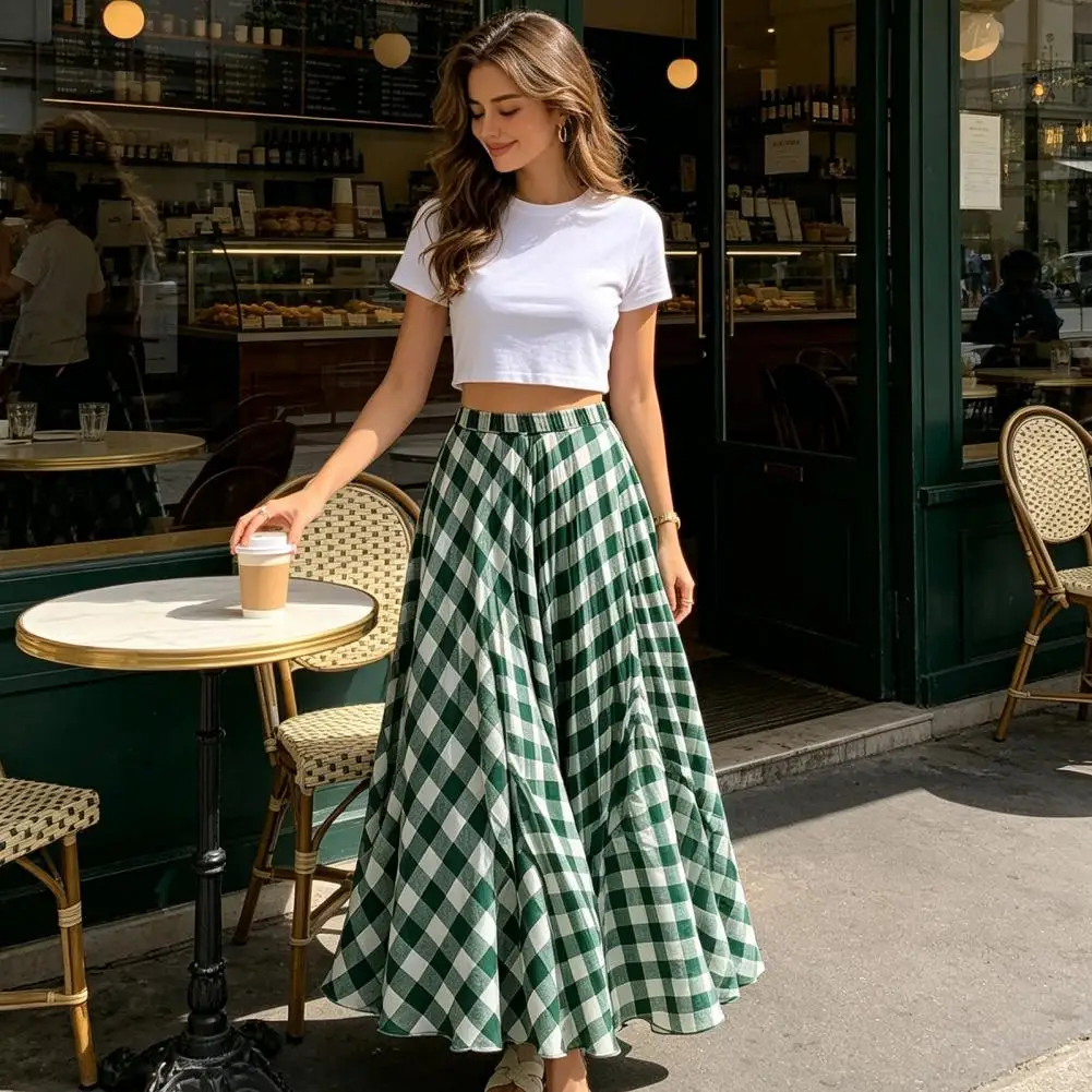 Women Travel Skirt Women Summer Skirt Women’s Plaid Maxi Skirt Elastic Waist Long Flowy Hem Lightweight Summer for Beach