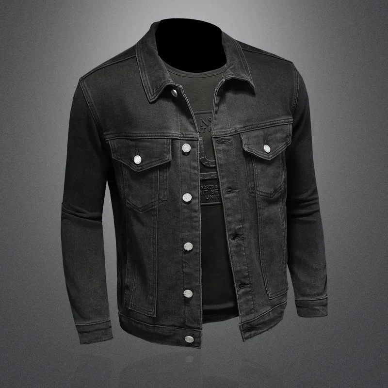 

Washed Black Denim Jacket Men High Elastic Slim Fit Spring Autumn Motorcycle Large Size M-4XL Jeans Coat Male