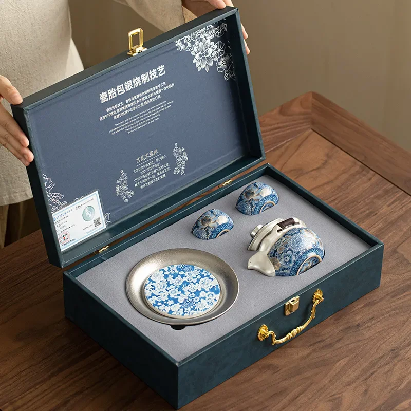Jingdezhen Ceramic Teapot Set with Two Cups Handmade Liuyin Flower Design Portable Travel Tea Kit Elegant Gift Box for