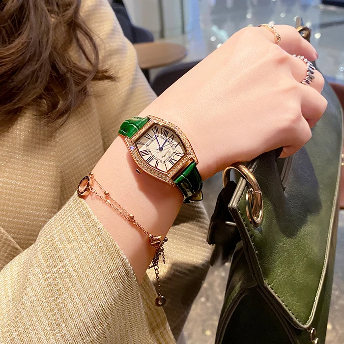 

Luxury Brand Rose Gold Watch for Women Diamonds Red Green Crocodile-effect Leather Quartz Girl Ladies Clock Dress Wristwatch