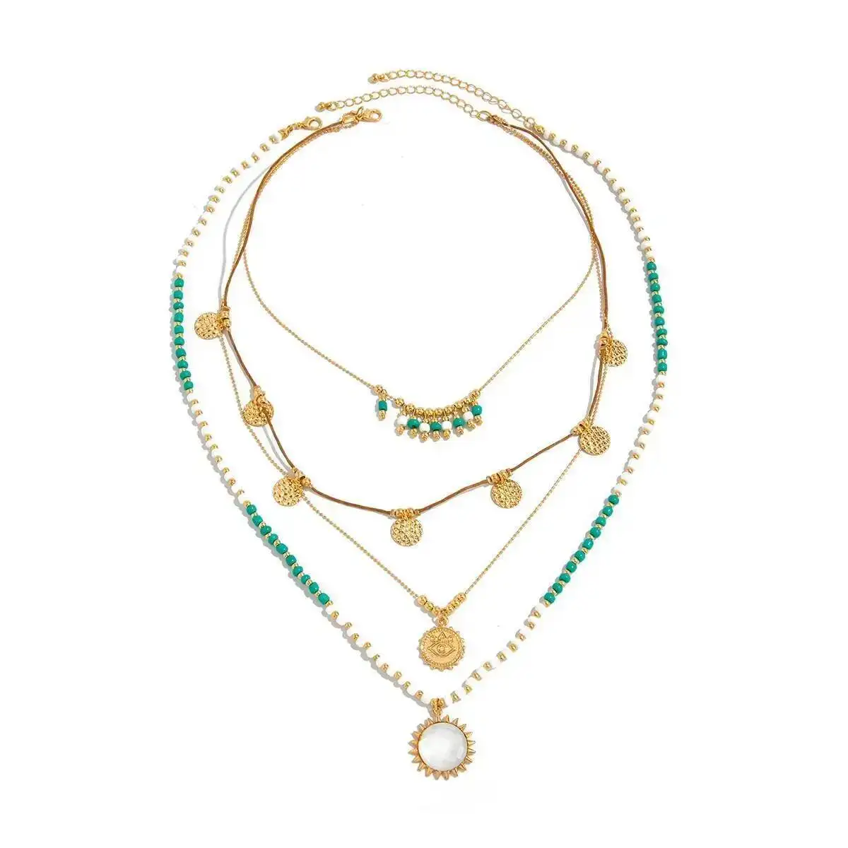 KunJoe Bohemia Multilayer Bead Chain Necklace Set for Women Retro Geometric Sun Round Pendant Necklace 2025 Jewelry On the Neck