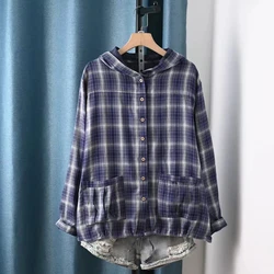100% Cotton Yarn Loose Hooded Plaid Shirts for Women Autumn Spring Casual Blouses Females Hoodies Classic Oversized Tops