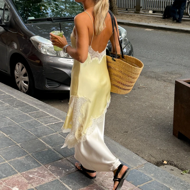 Combhasaki-Chaleco alto y bajo de satén con encaje Floral para mujer, camisola asimétrica con tirantes finos de seda y abertura lateral, Top fluido y sedoso con capas