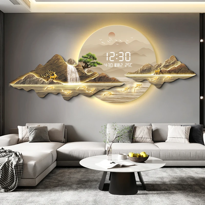 2025 New Chinese Style Living Room Decoration Painting 2025LED Light Clock Wall Mounted Digital Display Electronic Clock Paintin
