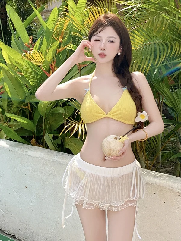 

Женский желтый купальник-бикини с юбкой, комплект из двух предметов, для горячих источников, из нейлона, с подкладкой на груди