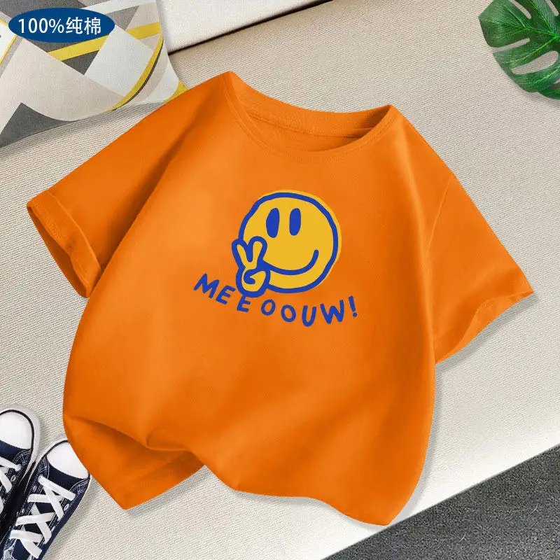 Handsome Smiling Face Printed Short Sleeved T-shirt for Boys and Girls, Fashionable Round Neck Casual Parent-child Top