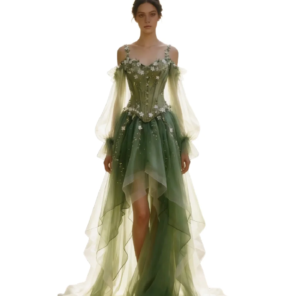 Fairy Forest Green Wedding Dress 2026  Long Sleeve Hi Low Boho Beach Bridal Gowns With White Florals Medieval Elf Bohemian Skirt